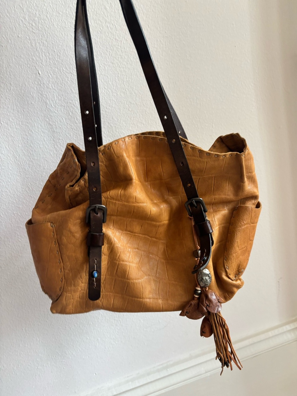 Caramel Brown Leather Hobo Bag with Dark Brown Strap and Tassel
